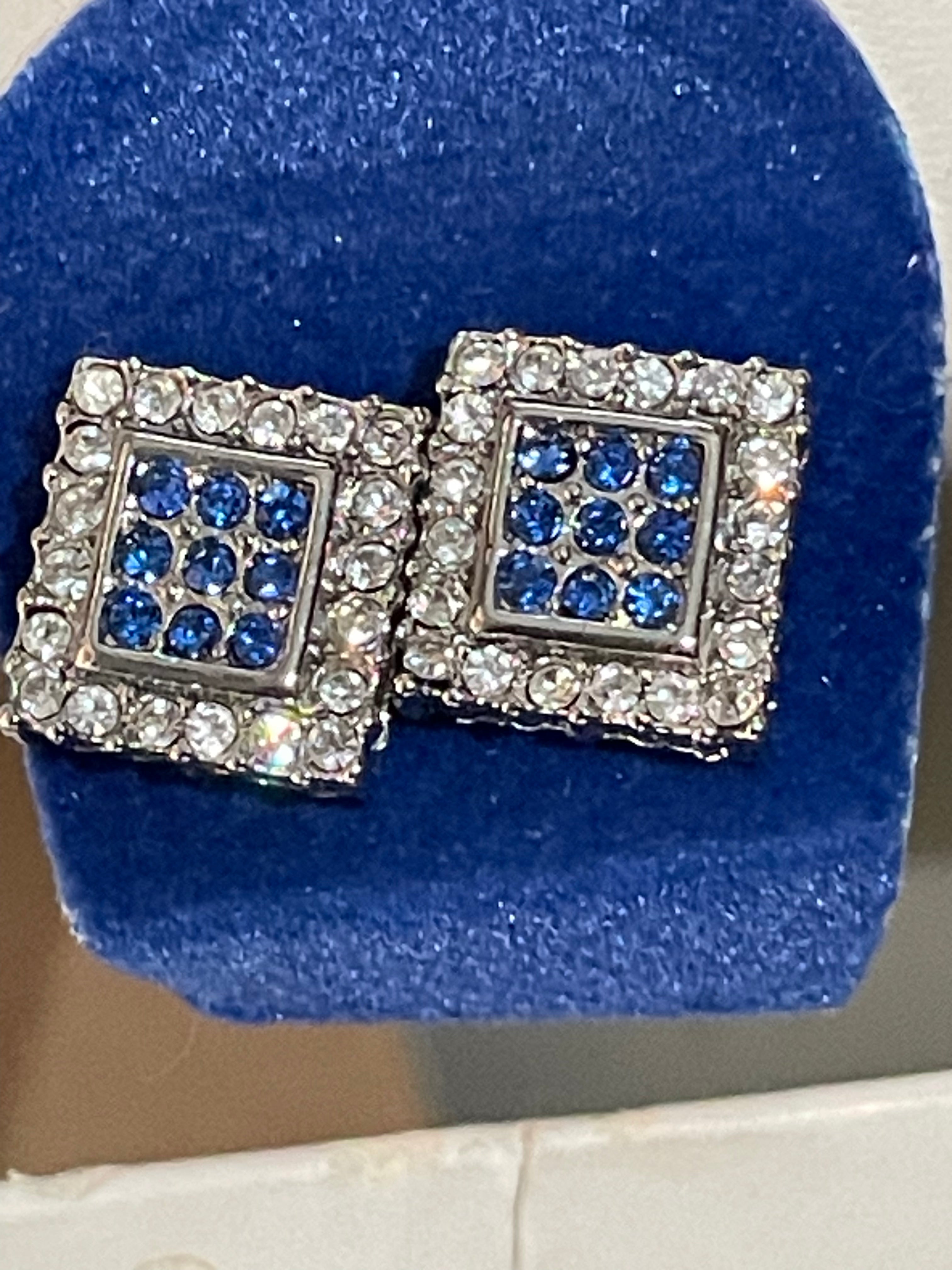 Square Face Blue And White Diamond Earrings