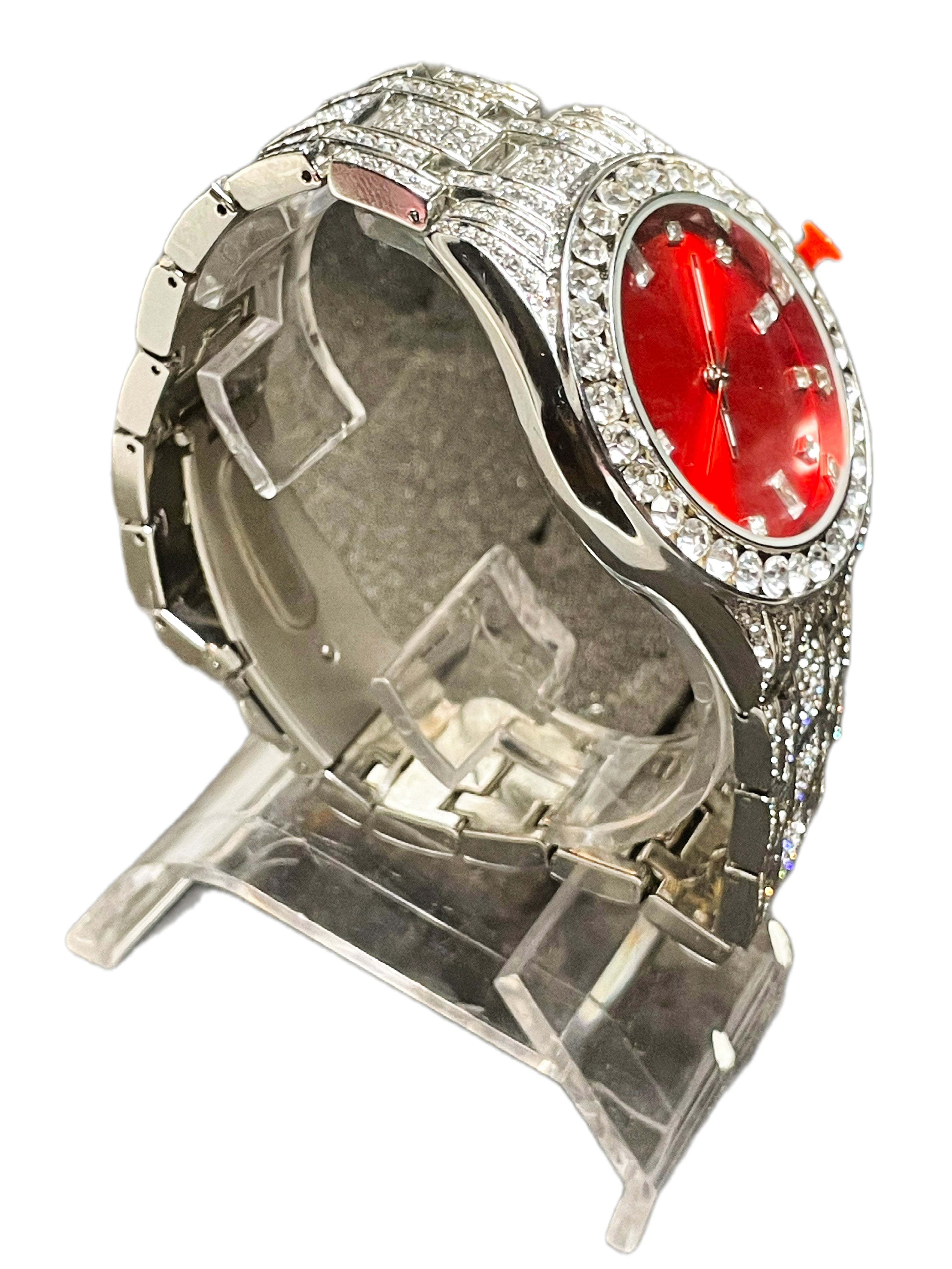 Iced Out Big Diamond, Red Face Silver Watch ￼