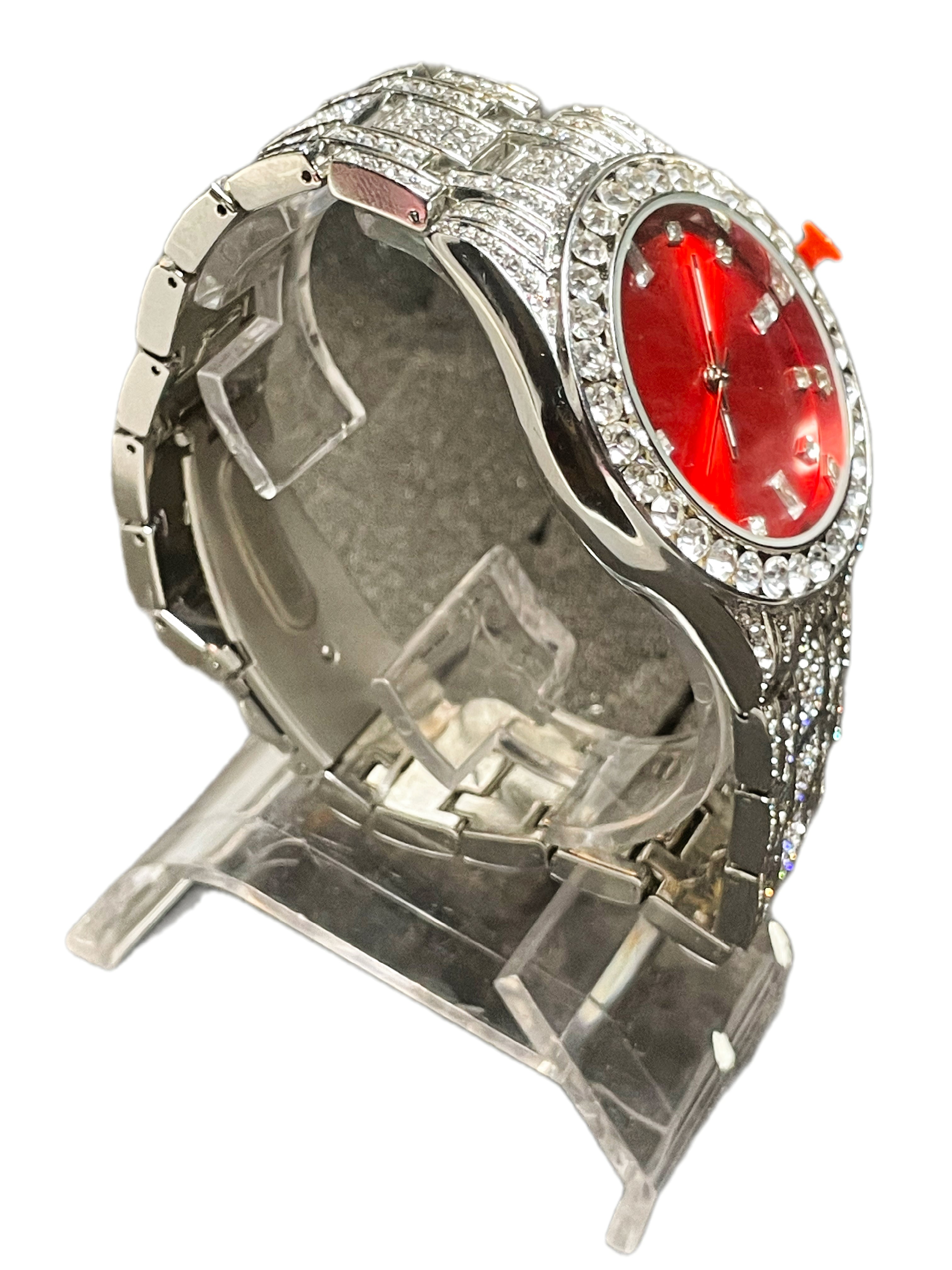Iced Out Big Diamond, Red Face Silver Watch ￼
