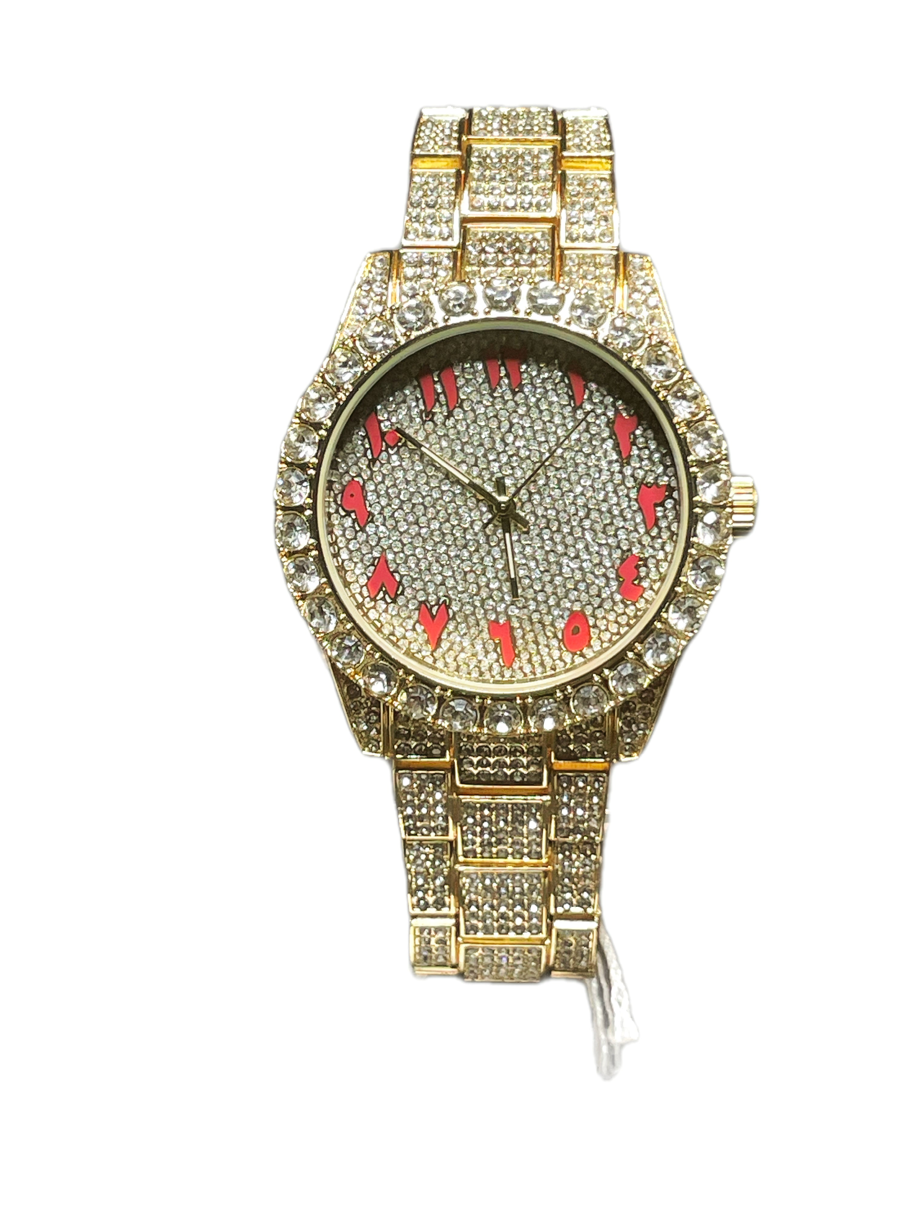 Gold Face Iced Out watch With Red Numbers
