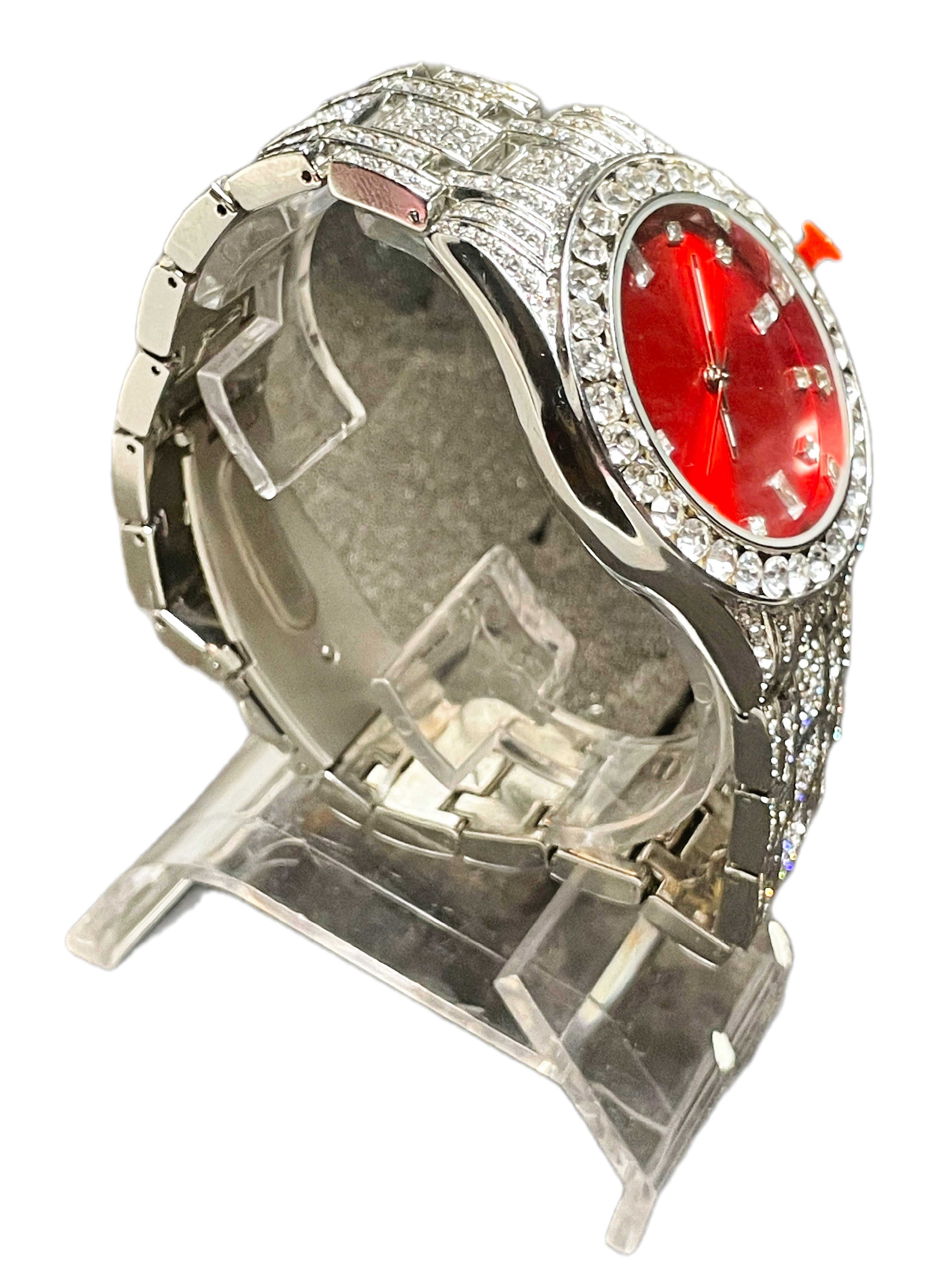 Iced Out Big Diamond, Red Face Silver Watch ￼