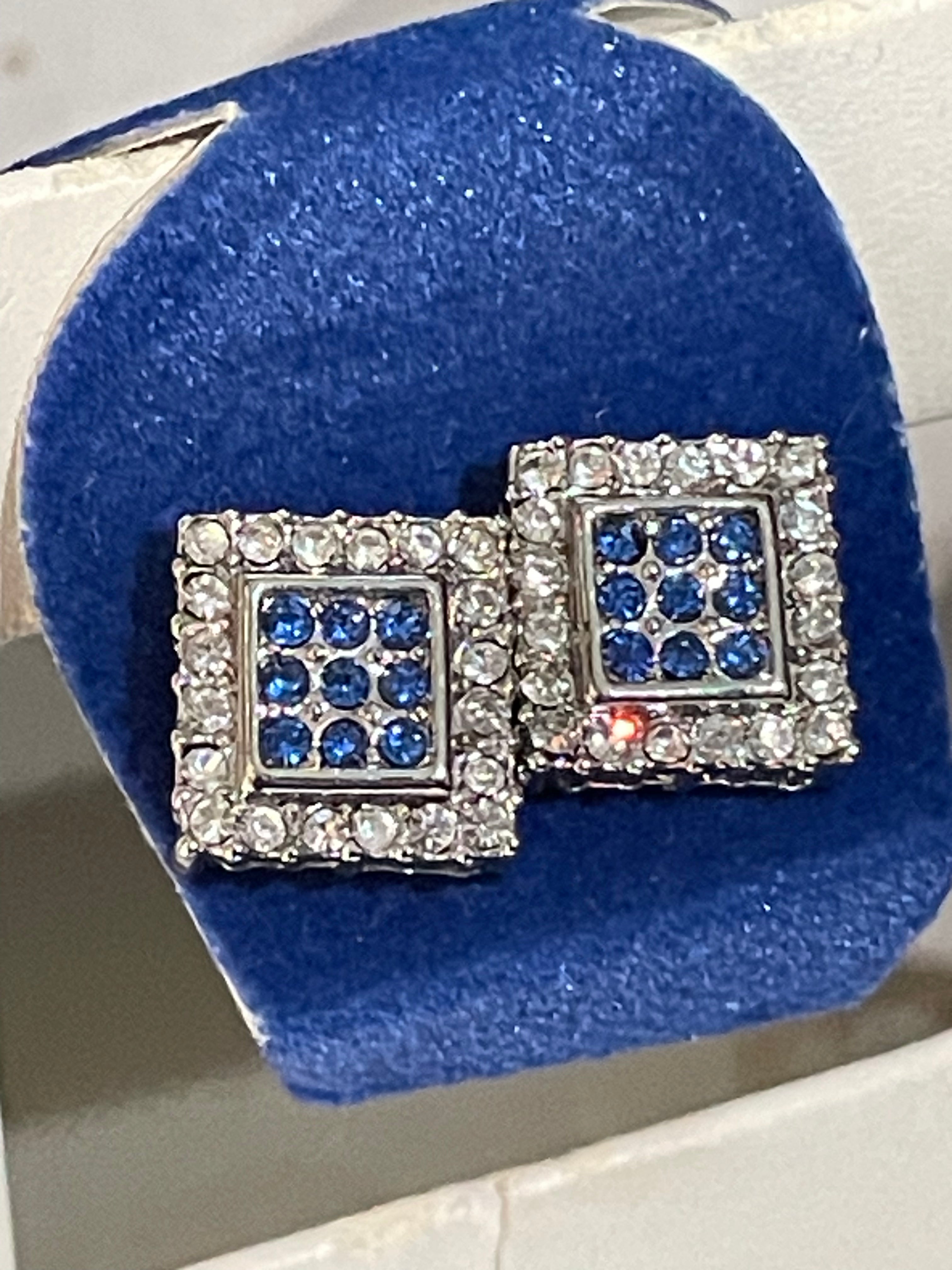 Square Face Blue And White Diamond Earrings